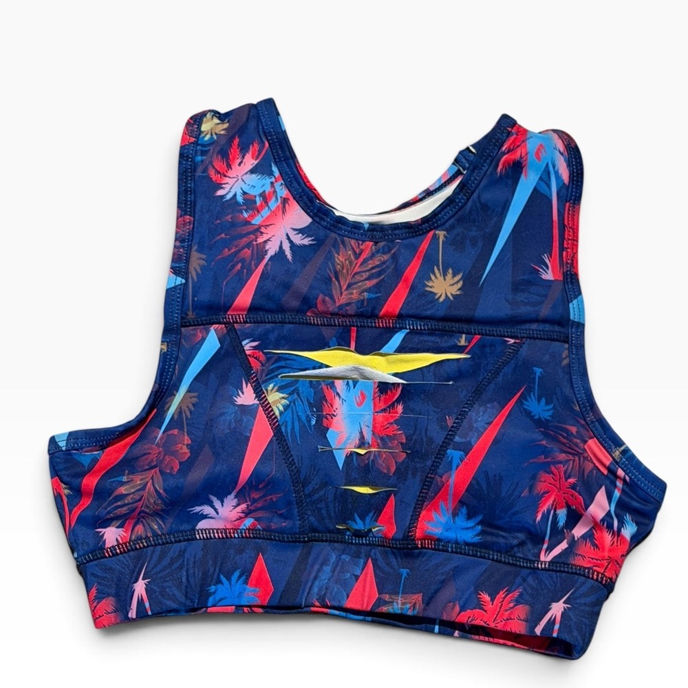 Chestee Weightlifting Padded Tropical Palm Print Sports Bra Navy Blue Pink XS\S
